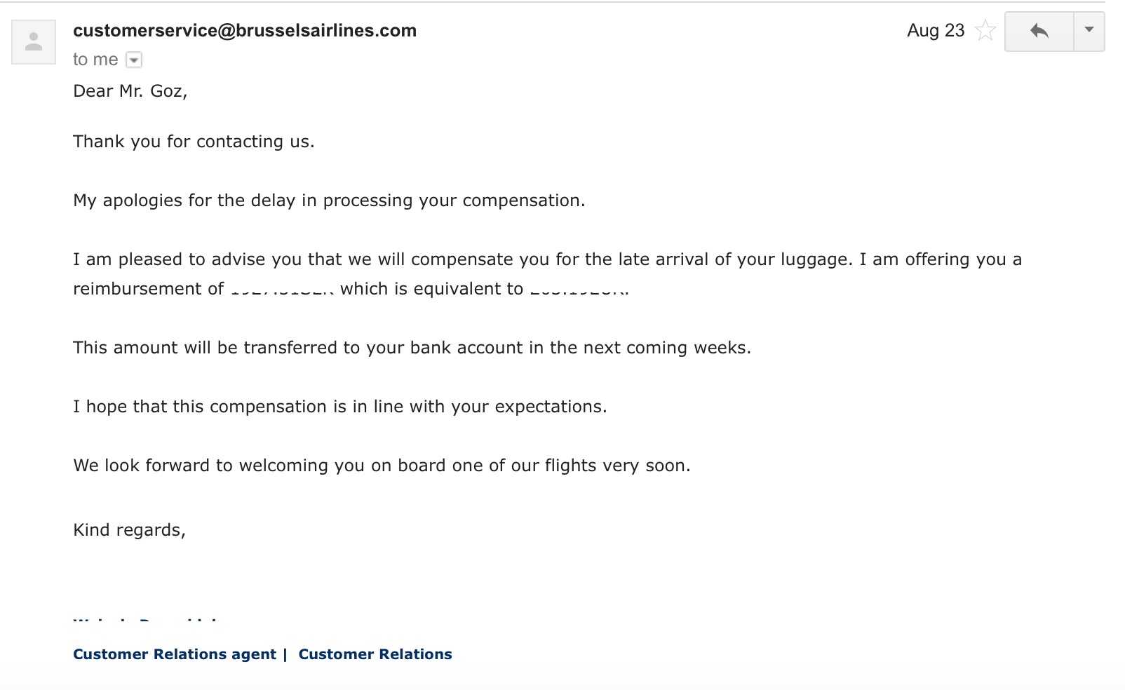 Brussels Airlines customer service response